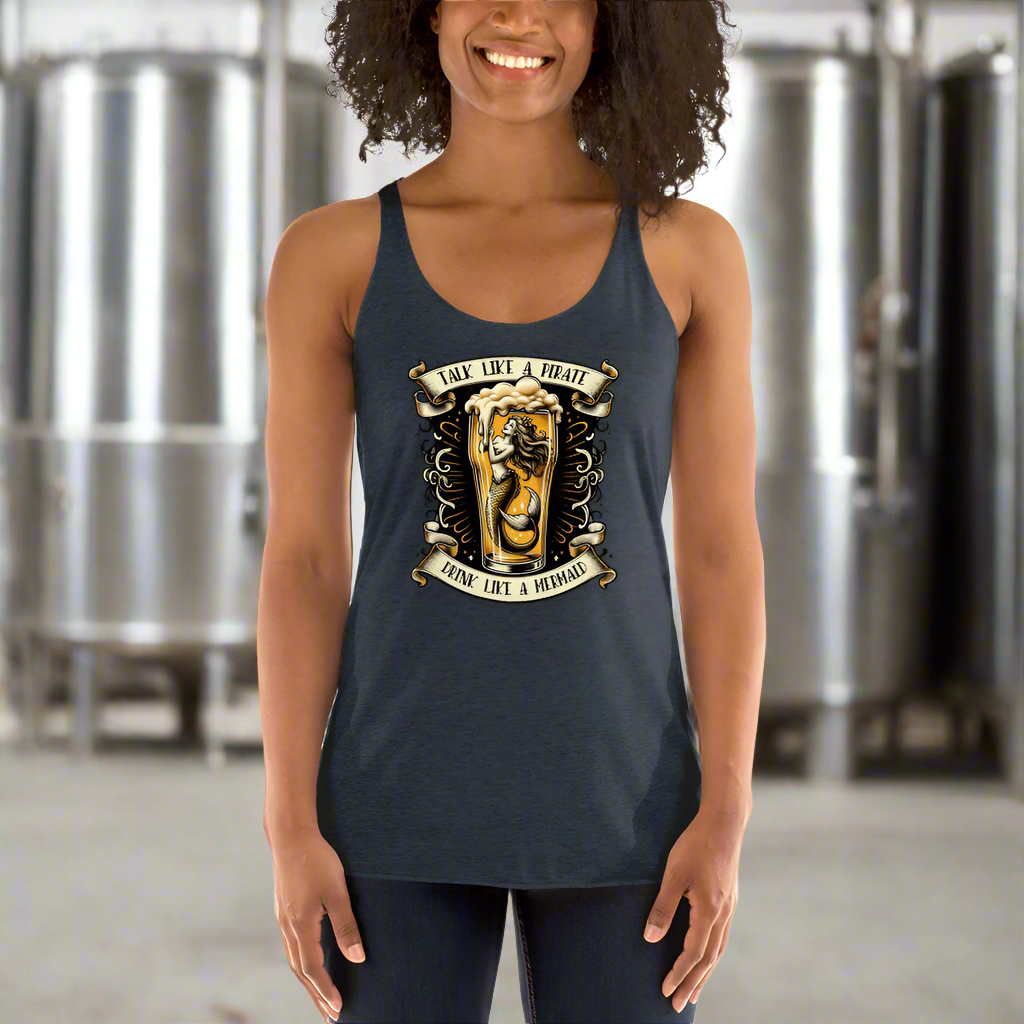 Nautical Navy Blue Mermaid Drinking Racerback Tank Top
