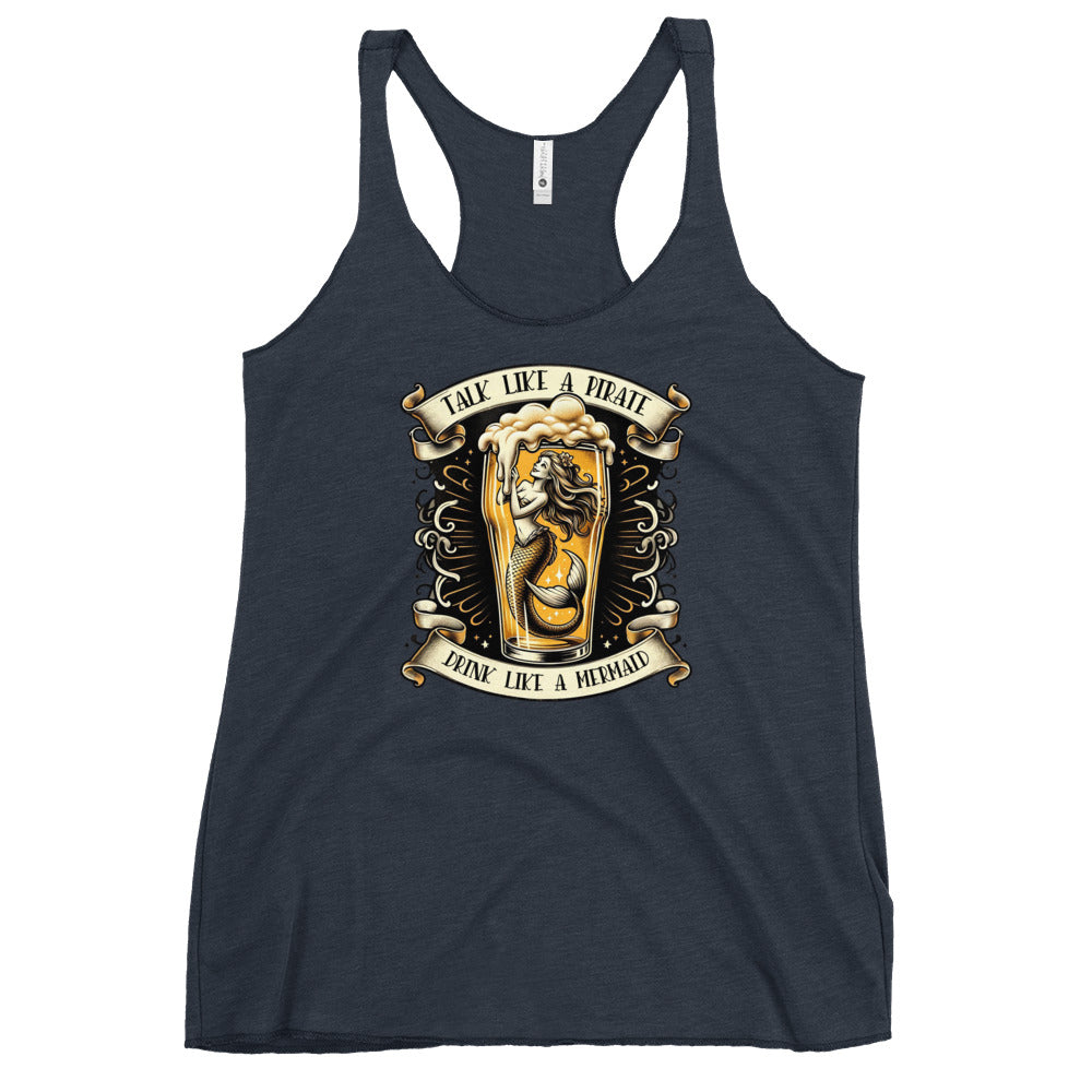 Nautical Navy Blue Mermaid Drinking Racerback Tank Top