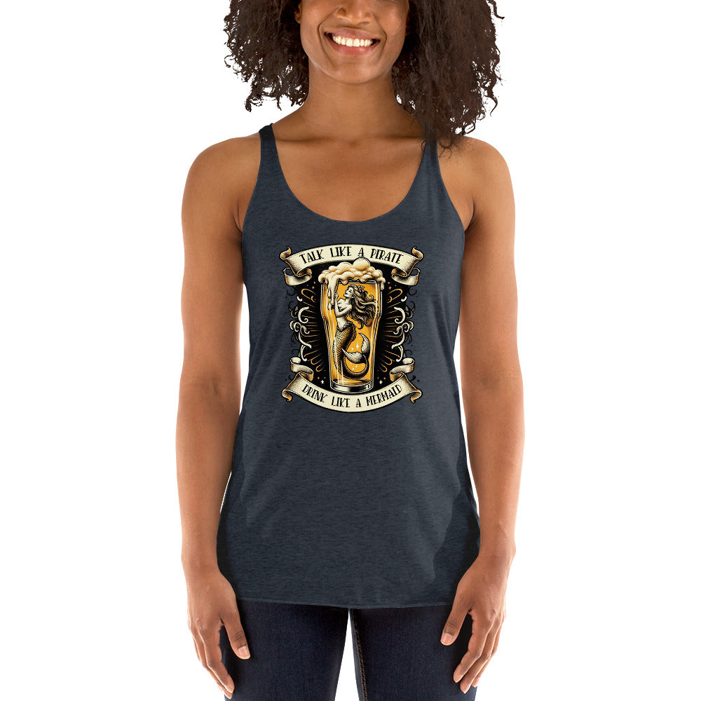 Nautical Navy Blue Mermaid Drinking Racerback Tank Top